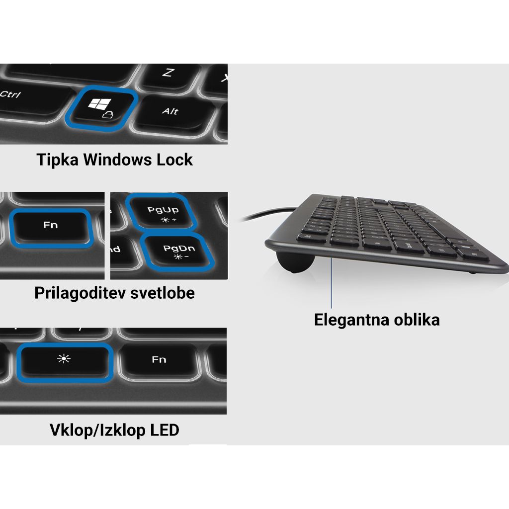 EWENT tipkovnica Wired Illuminated Scissor, črna, USB, SLO