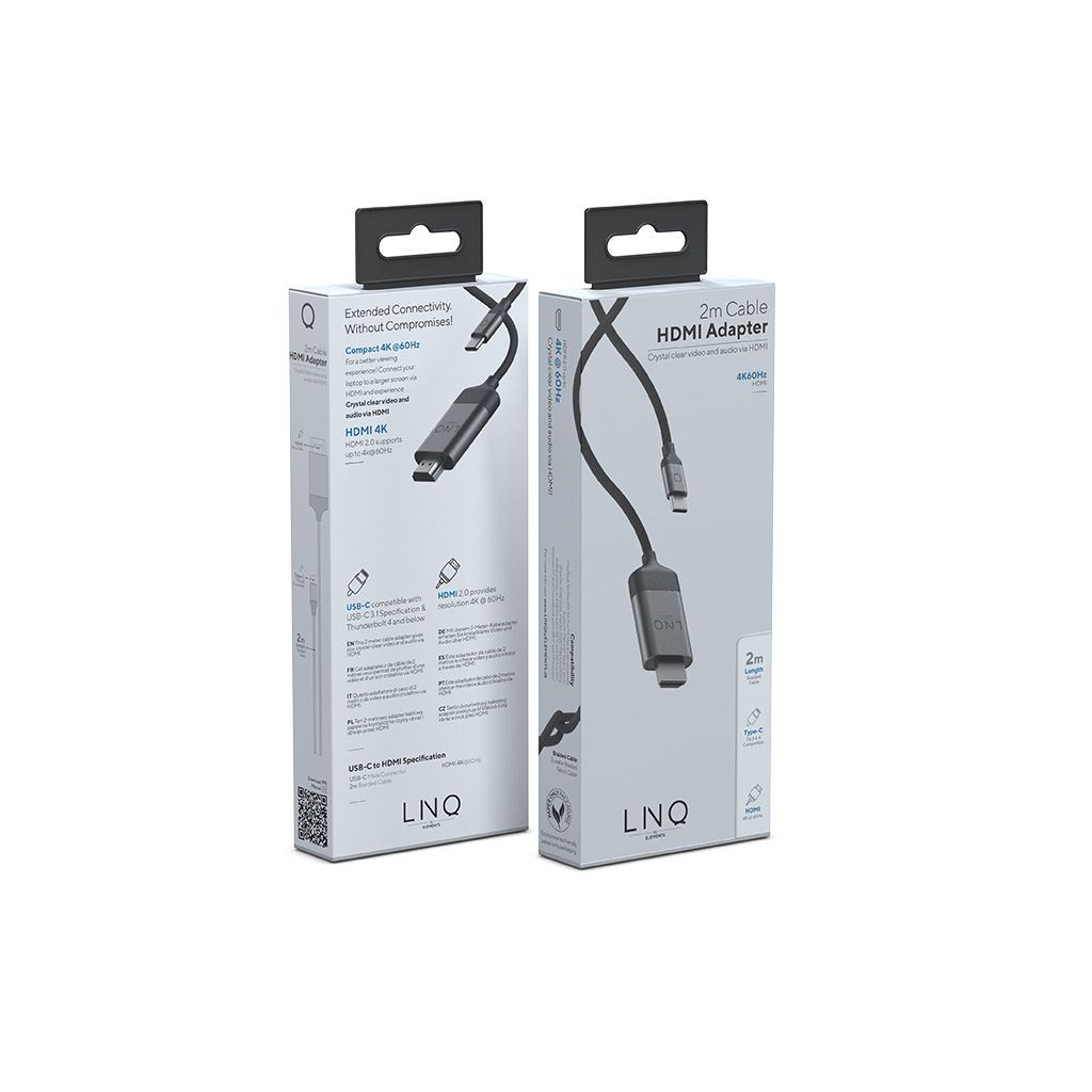LINQ kabel USB-C to HDMI 4K@60Hz, 2m, pleten, siv