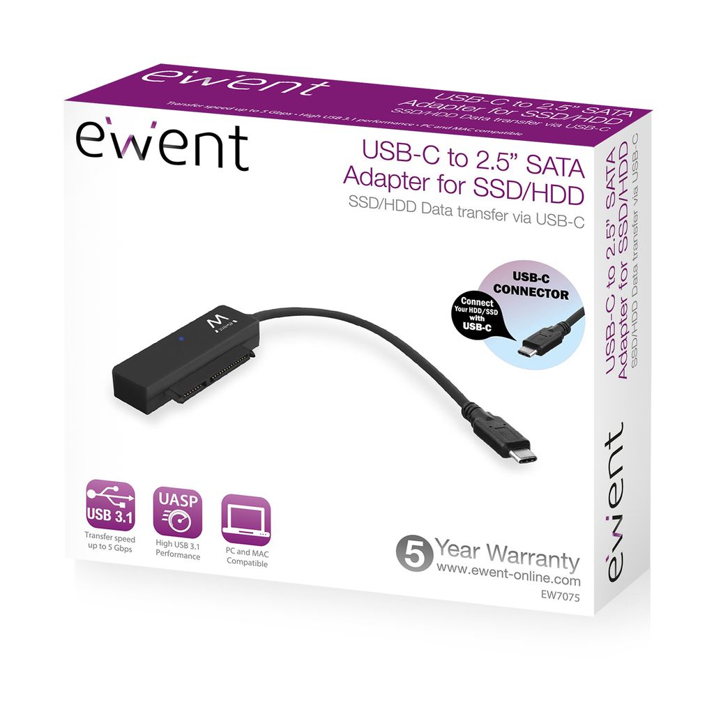 EWENT adapter EW7075 USB-C 3.1 Gen1 v SATA, za 2.5" SSD/HDD