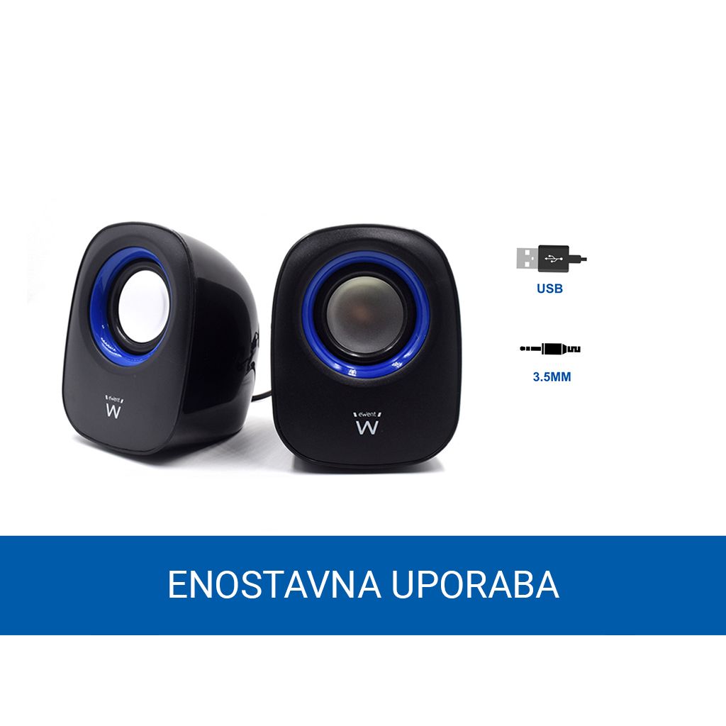 EWENT zvočniki 2.0, 5W RMS, nazdor glasnosti, USB napajanje, črni, EW3501