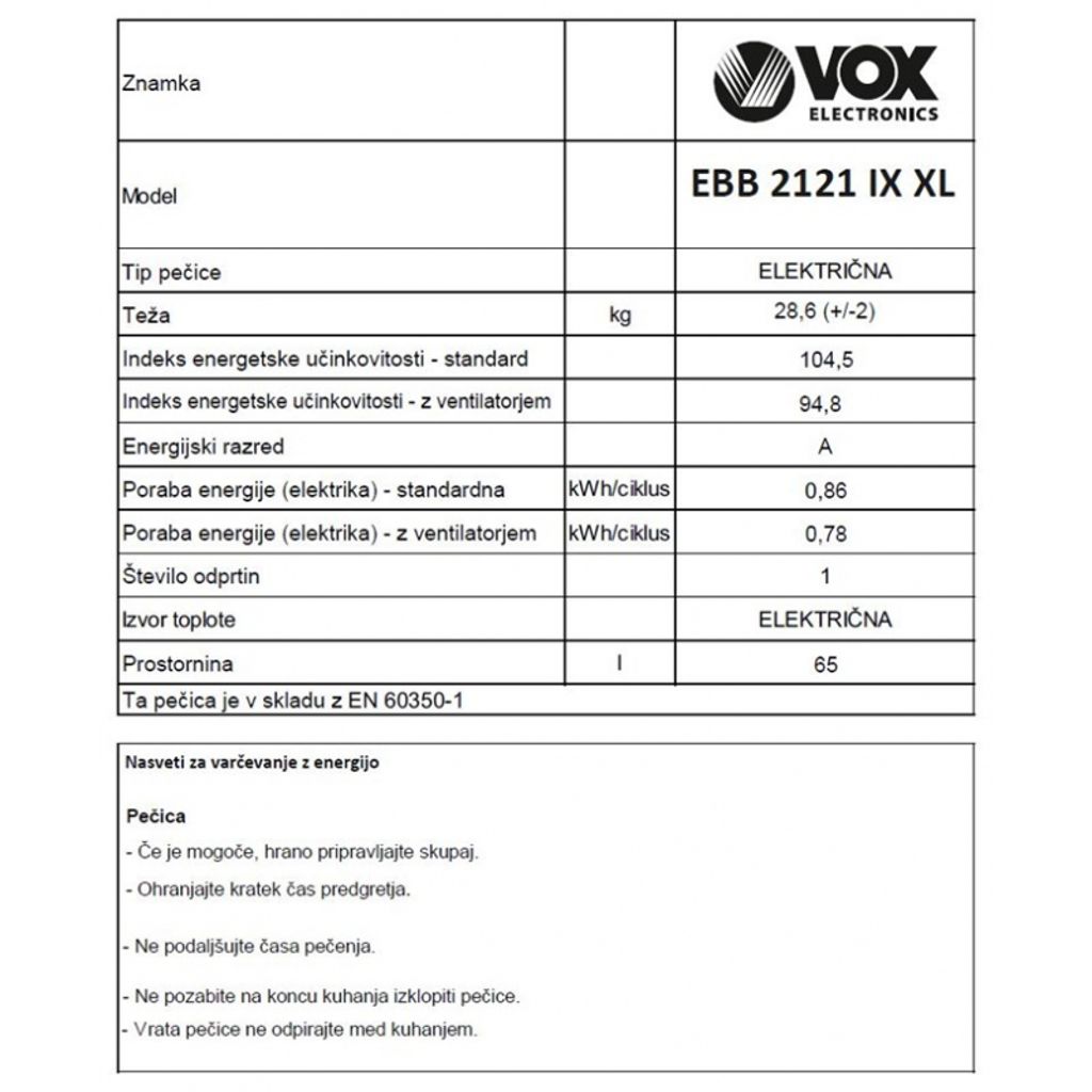 VOX vgradna pečica EBB 2121 IX XL