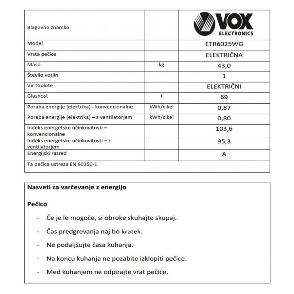 VOX električni štedilnik ETR 6025 WG (4x elektrika)