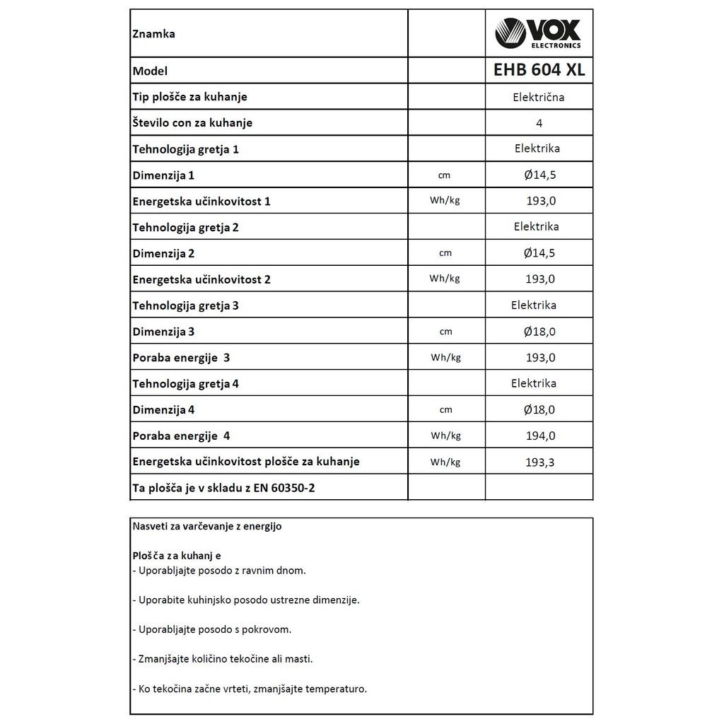 VOX štedilnik EHB 604 XL (4x elektrika)