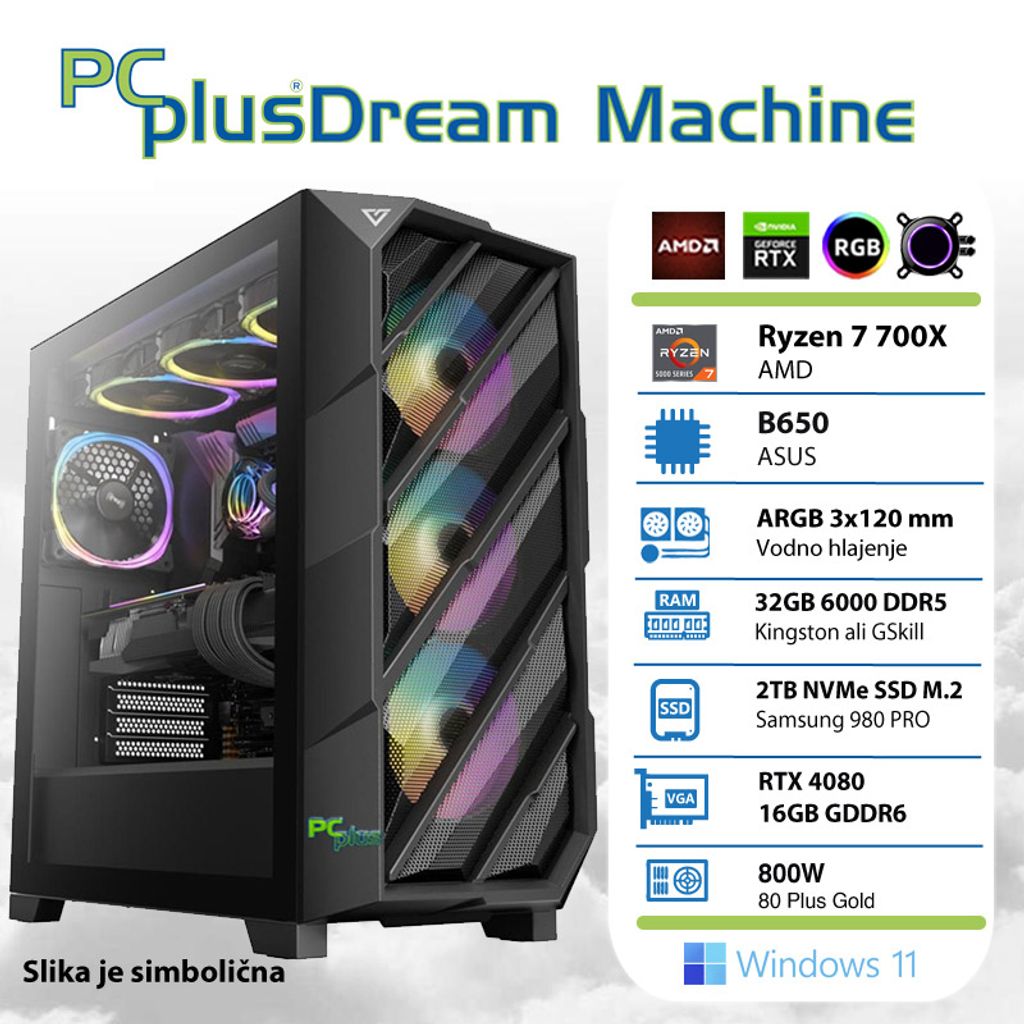 PCPLUS Dream Machine Ryzen 7 7700X 32GB 2TB NVMe SSD GeForce RTX 4080 16GB Windows 11 Home gaming namizni računalnik