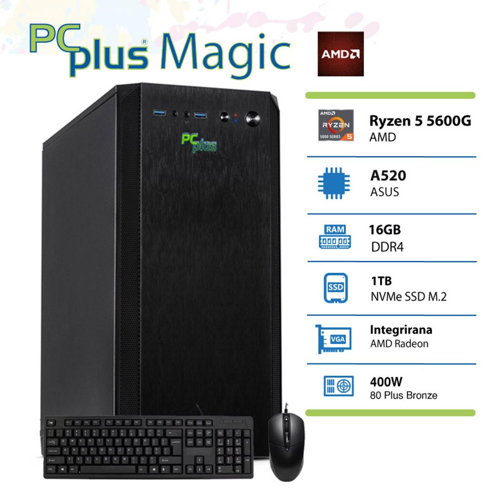 PCPLUS Magic AMD Ryzen 5 5600G 16GB 1TB NVMe SSD namizni računalnik + miška in tipkovnica