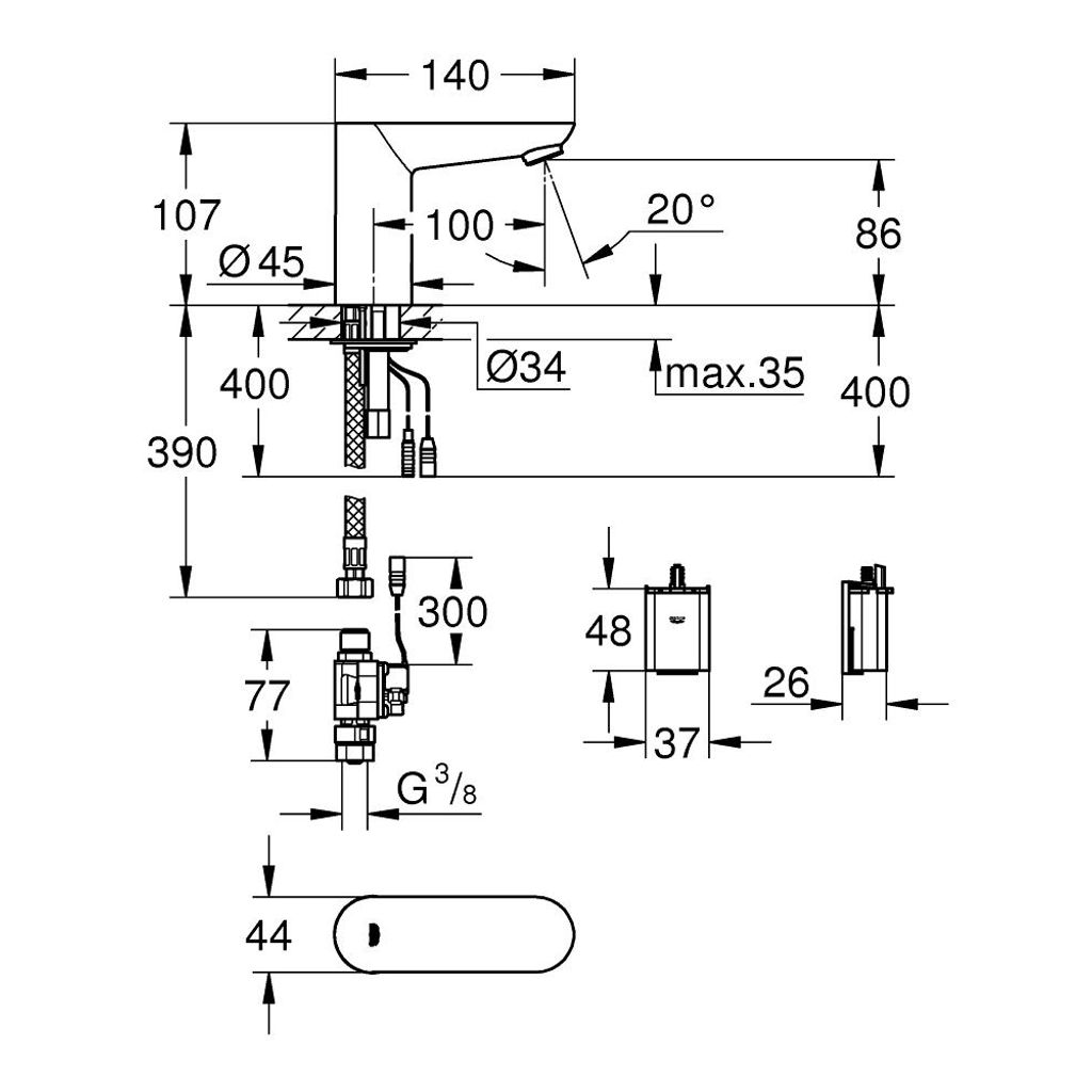 GROHE infrardeča elektronska armatura za umivalnik EUROECO Cosmopolitan E brez zgornjega dela sifona (36271000)