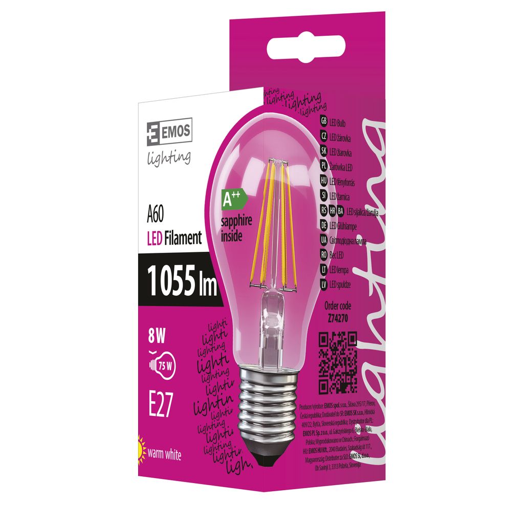 EMOS LED žarnica filament A60 A++, 8W, E27, topla bela Z74270