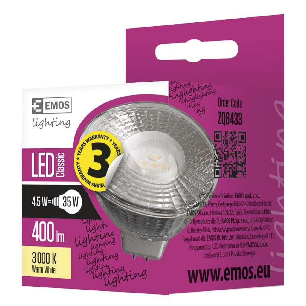 EMOS LED žarnica classic MR16 4.5W, GU5.3, topla bela ZQ8433