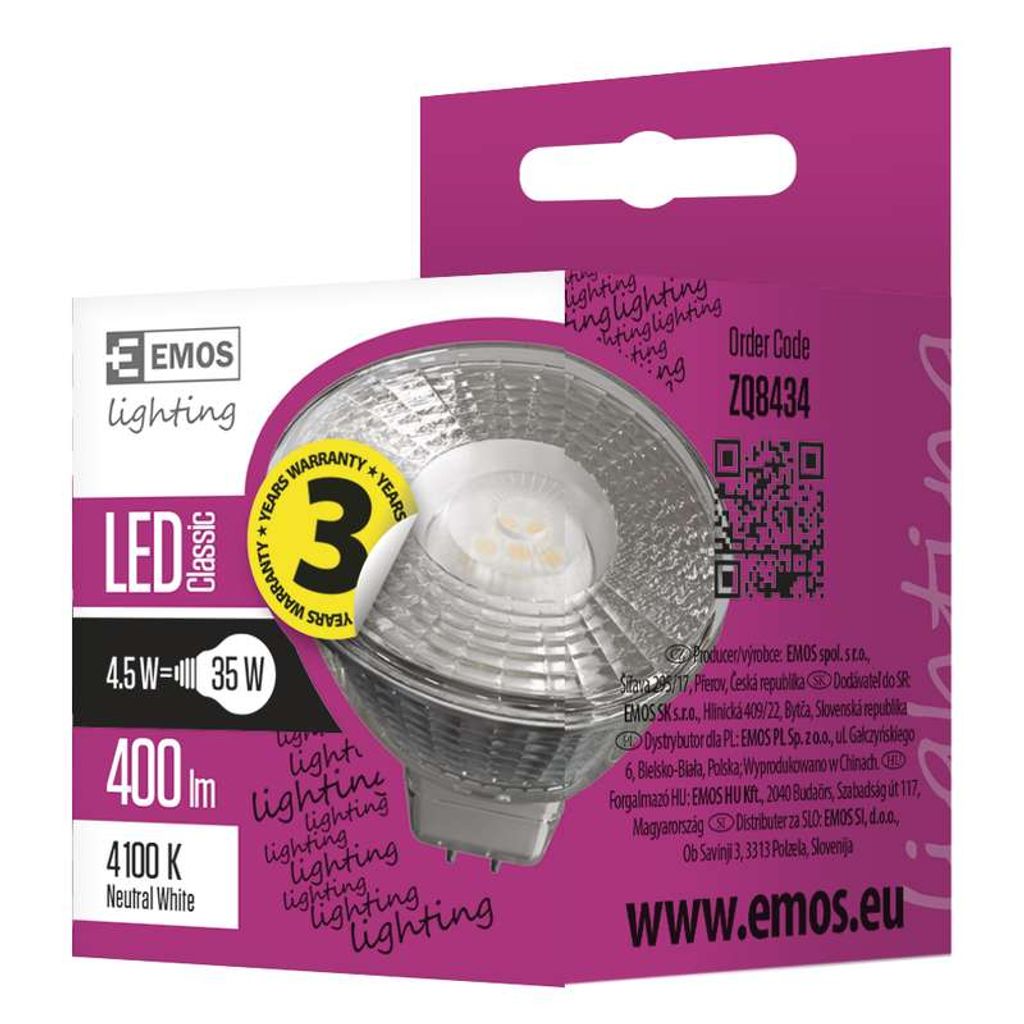 EMOS LED žarnica classic MR16 4.5W, GU5.3, nevtralno bela ZQ8434
