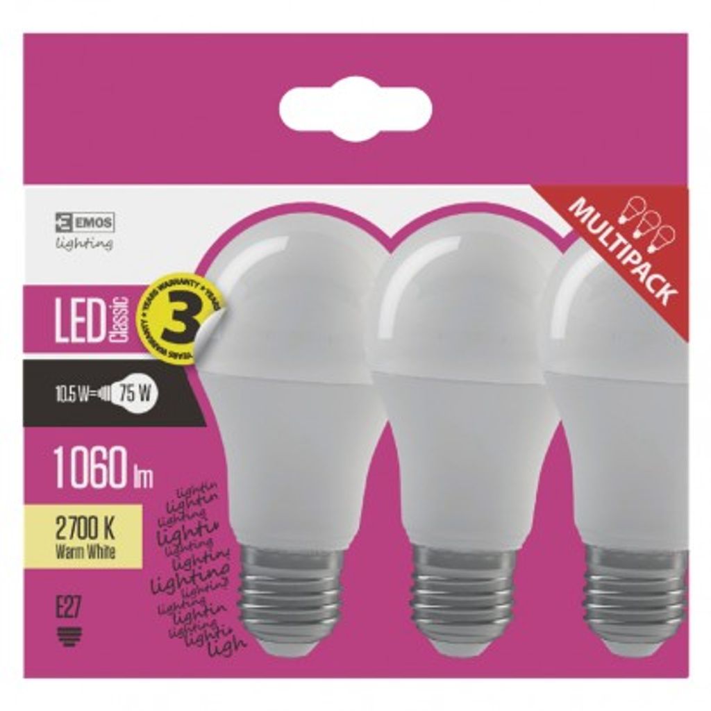 EMOS LED žarnica classic A60, 10.5W, E27, topla bela 3 kos ZQ5150.3
