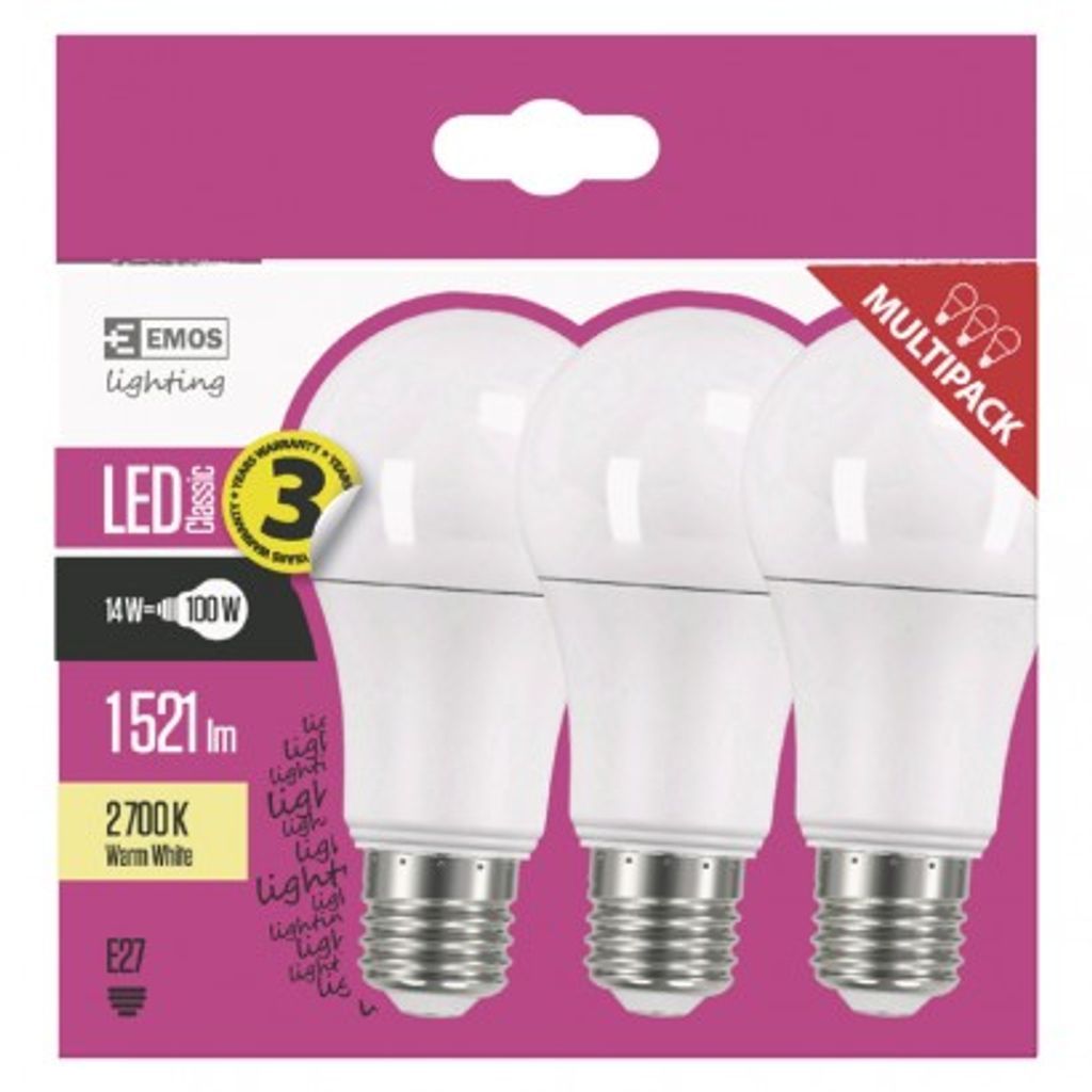 EMOS LED žarnica classic A60 14W, E27, topla bela, 3 ks ZQ5160.3
