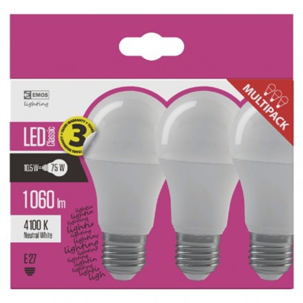 EMOS LED žarnica classic A60, 10.5W, E27, nevtralna bela, 3 kos ZQ5151.3