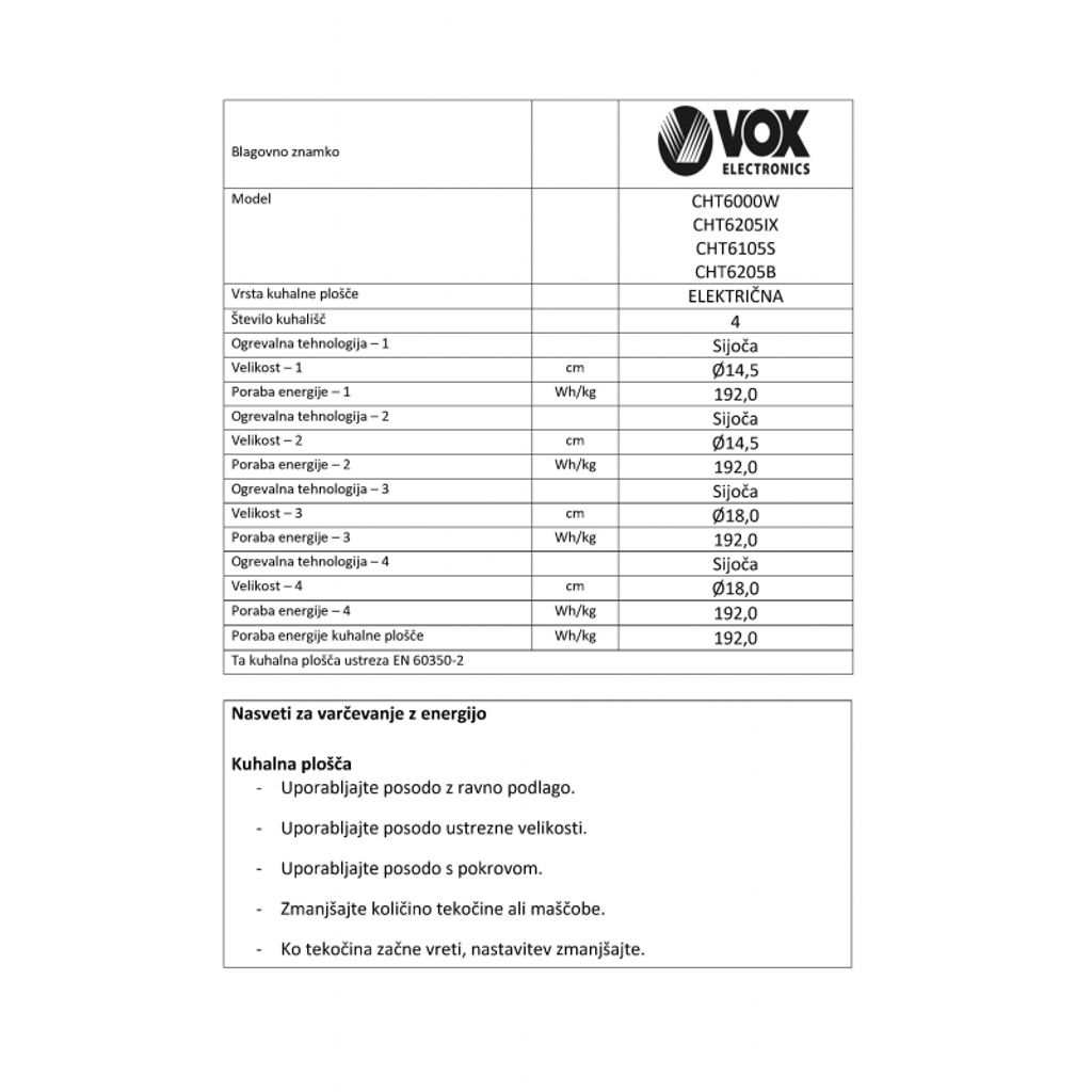 VOX steklokeramični štedilnik CHT 6205IX (4x steklokeramika)