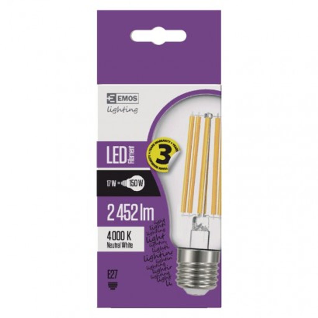 EMOS LED žarnica filament A67, A++, 17W, E27, nevtralna bela Z74291