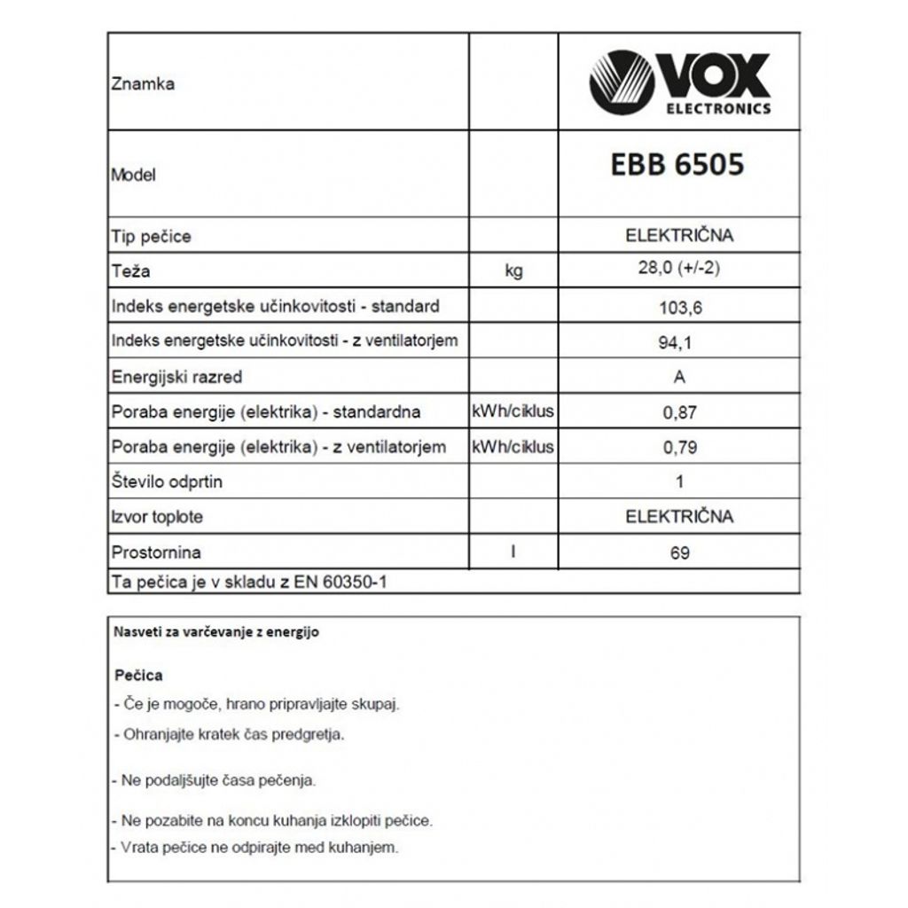 VOX vgradna pečica EBB 6505