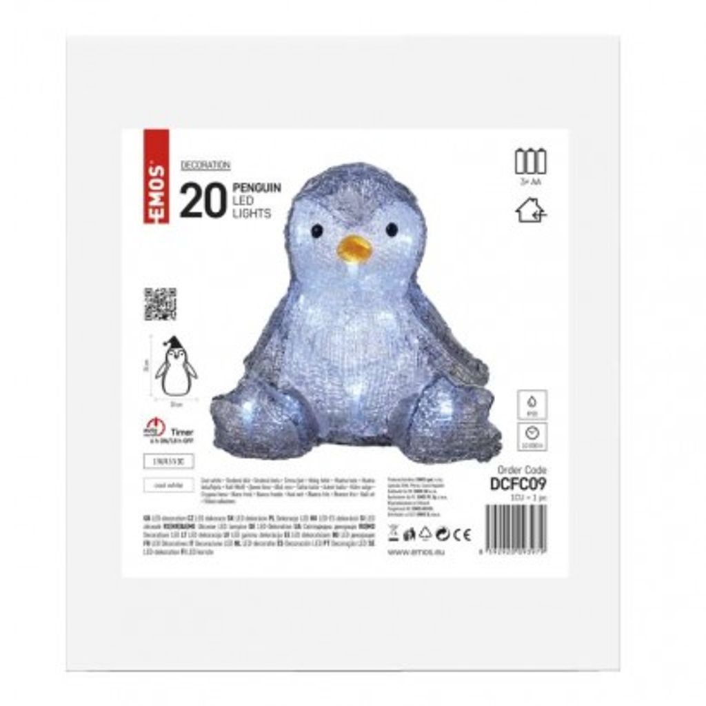 EMOS LED božična pingvin, 20 cm, 3x AA, notranji, hladna bela, časovnik DCFC09