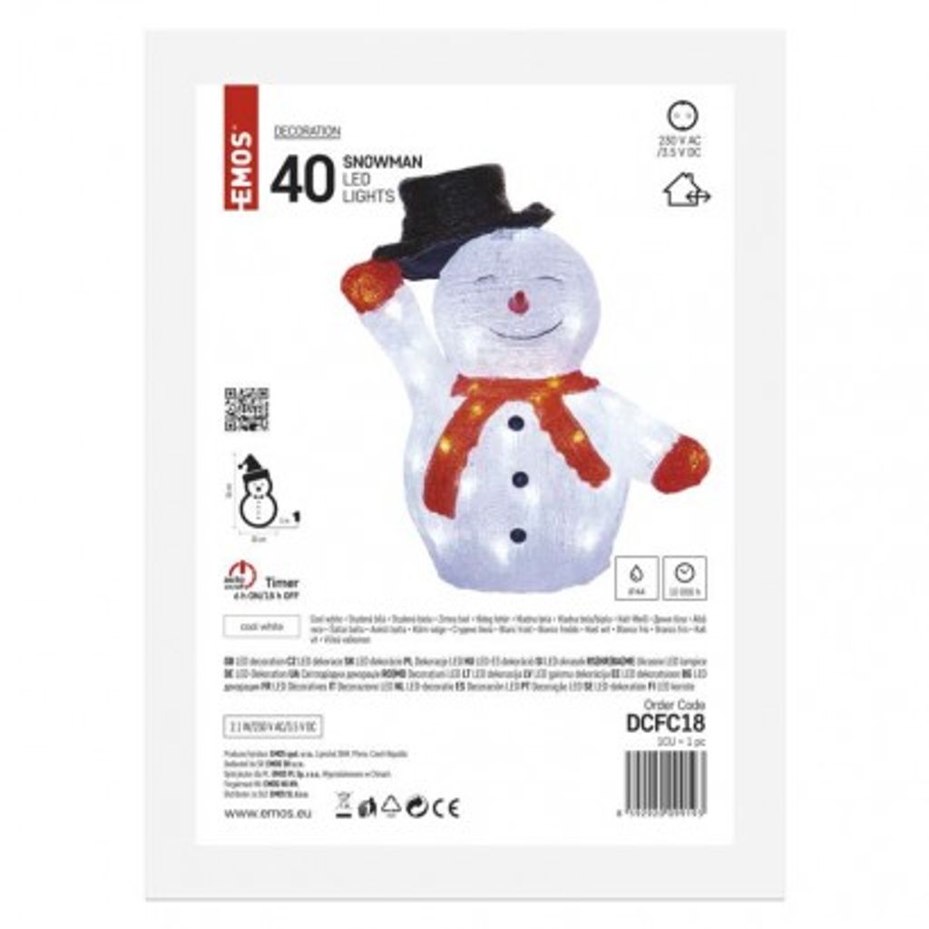 EMOS LED božični snežak s klobukom, 36 cm, zunanji in notranji, hladna bela, časovnik DCFC18