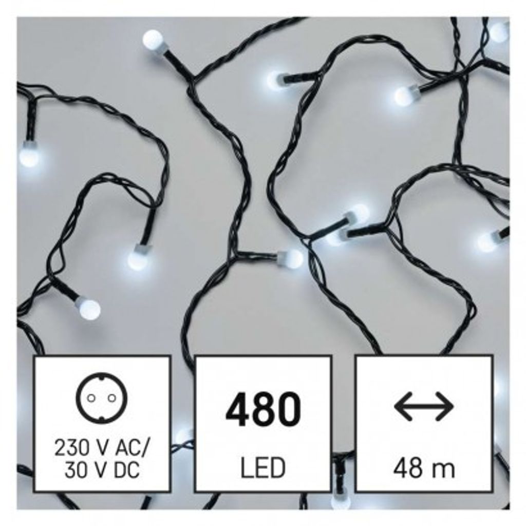 EMOS LED božična cherry veriga – kroglice, 48 m, zunanja in notranja, hladna bela, časovnik D5AC05