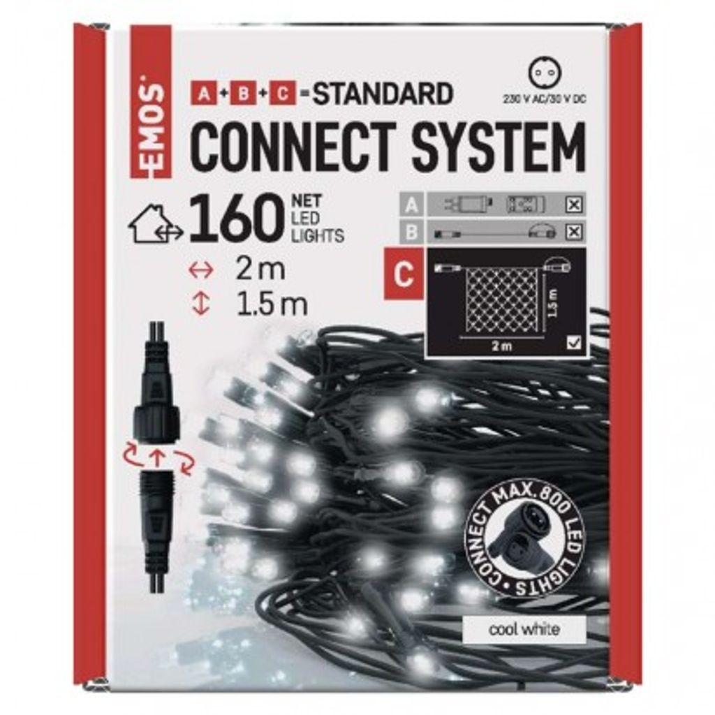 EMOS Standard LED povezovalna  božična veriga – mreža, 1,5x2 m, zun., hladna bela, časovnik D1DC01