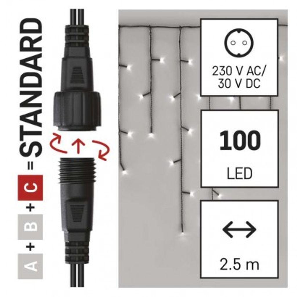 EMOS Standard LED povezovalna božična veriga – ledene sveče, 2,5 m, zunanja, hladno bela, časovnik D1CC01