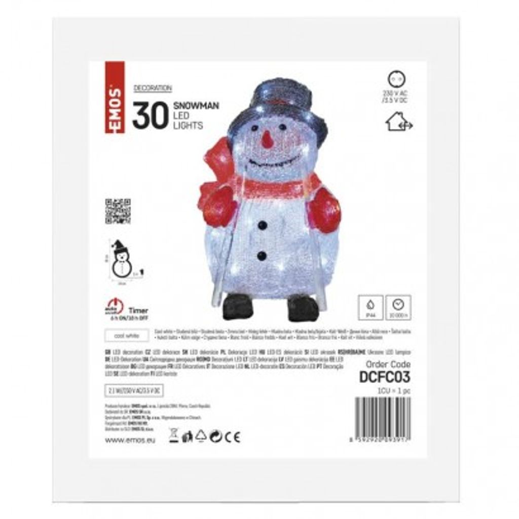 EMOS LED božični snežak, 28 cm, zunanji in notranji, hladna bela, časovnik DCFC03