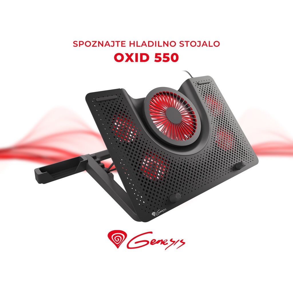GENESIS OXID 550, vrhunsko hladilno stojalo/podstavek za prenosnike do 17.3'', nastavljiv kot, LED osvetlitev, 5 tihih ventilatorjev