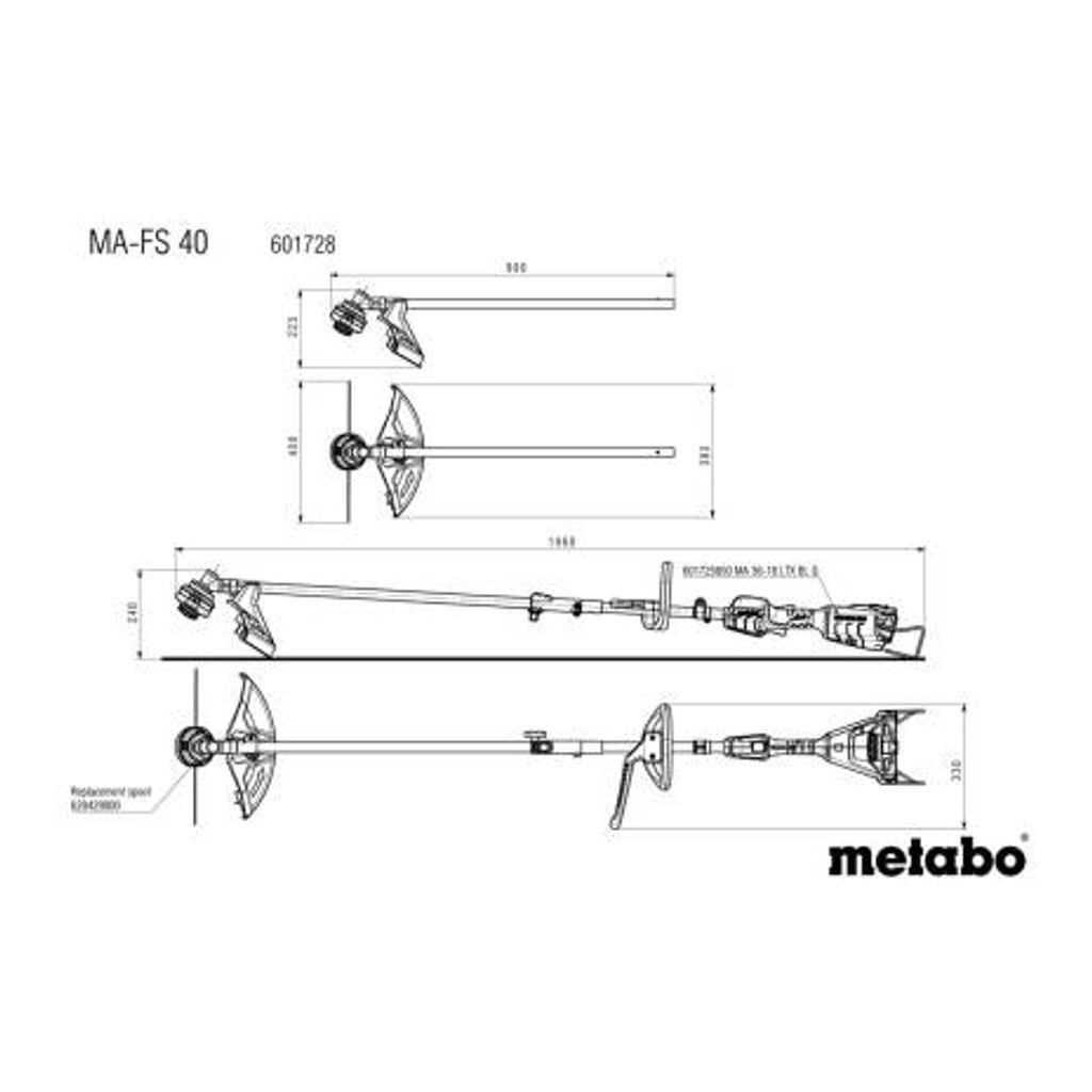 METABO Vrtni set MA 36-18 LTX BL Quick Bazna enota  + MA-HS 50 priklop škarje + MA-FS 40 priklop kosa na nitko + Baterijski set 2x4,0Ah 18V, polnilec ASC 55