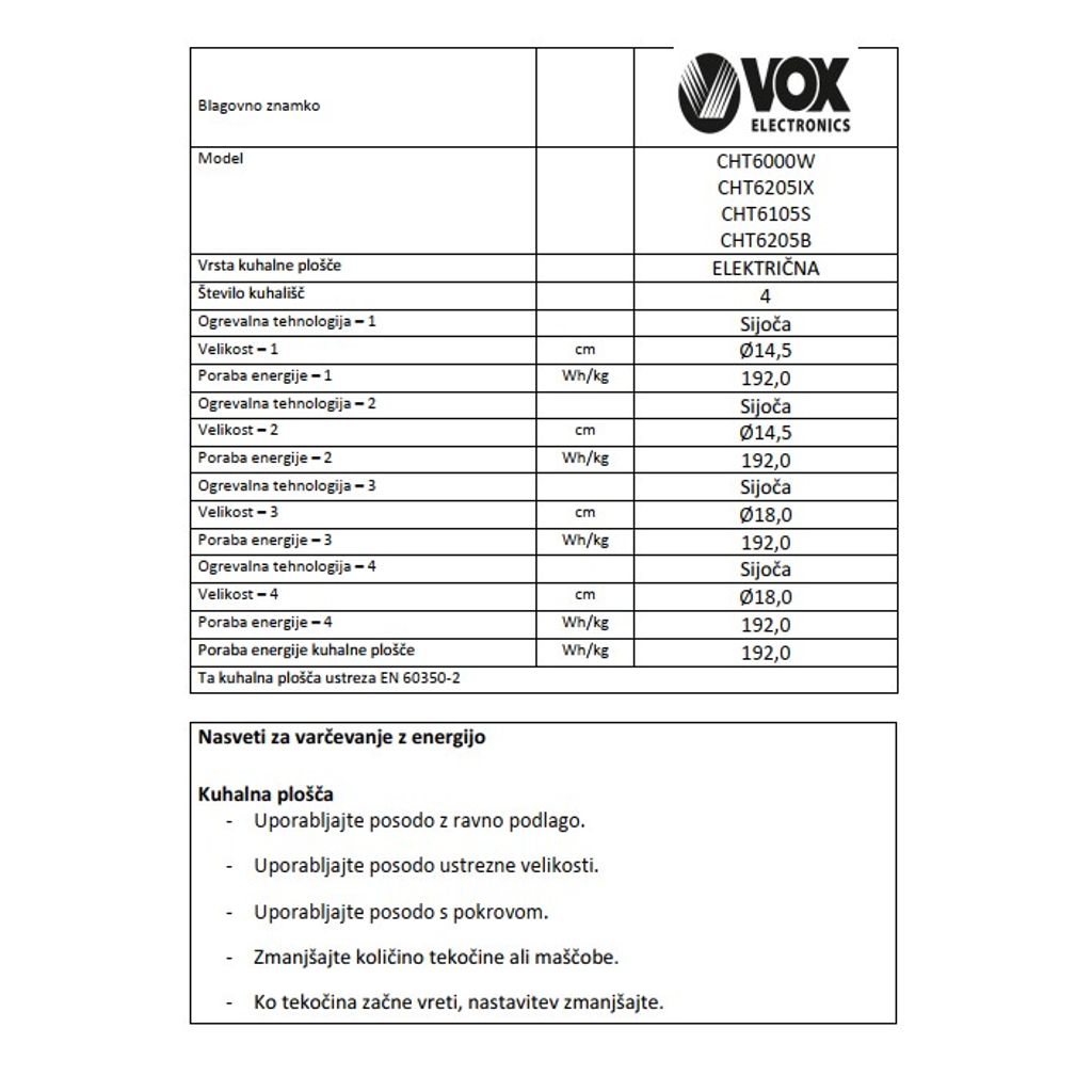VOX steklokeramični štedilnik CHT 6000 W (4x steklokeramika)