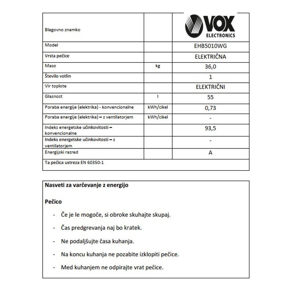 VOX električni štedilnik EHB 5010 WG (4x elektrika)
