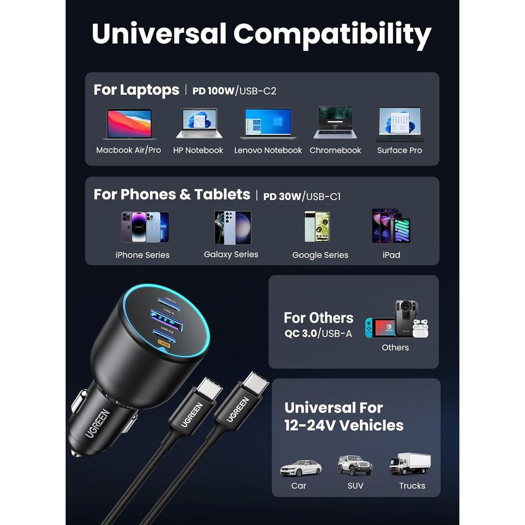 UGREEN 130W USB C avtomobilski polnilec, 3-portni avtomobilski polnilec PD3.0/QC4.0/PPS in LED lučko, združljiv z MacBook, iPad, iPhone 15 Pro Max, Galaxy...