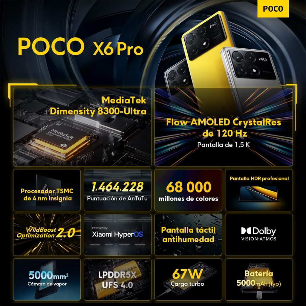 POCO X6 Pro 5G pametni telefon 8/256GB, rumena, vegansko usnje