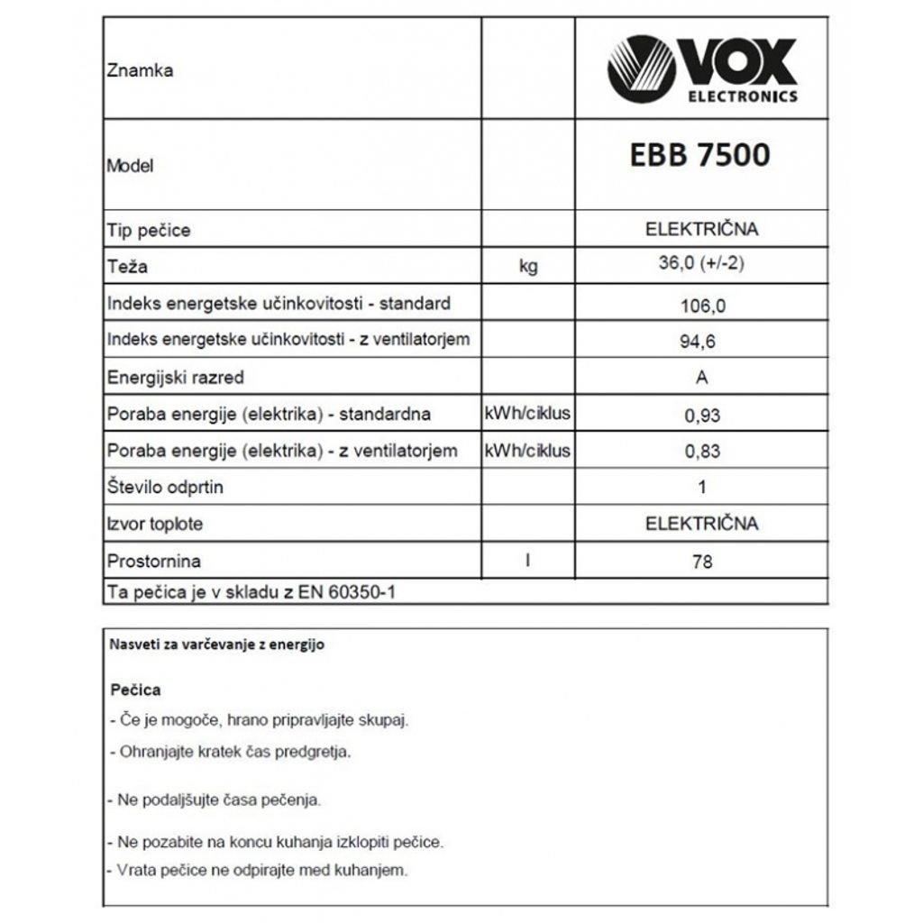 VOX vgradna pečica EBB 7500