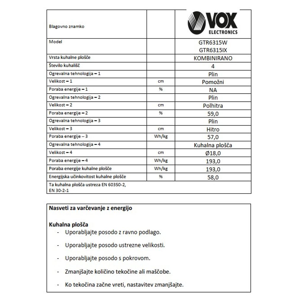 VOX kombinirani štedilnik GTR 6315 W (3x plin, 1x elektrika)