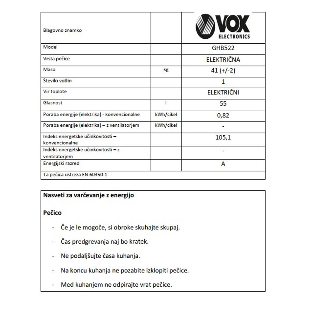 VOX kombinirani štedilnik GHB 522 (2x elektrika, 2x plin)