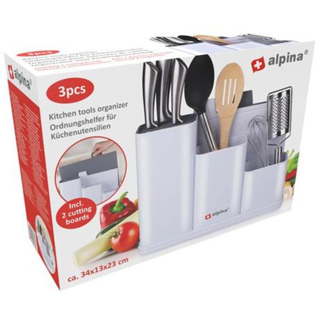 ALPINA organizator za kuhinjske pripomočke, držala, luknjice za odtekanje vode, enostavno čiščenje, + 2 rezalni deski, 33x24.5x11cm, bel