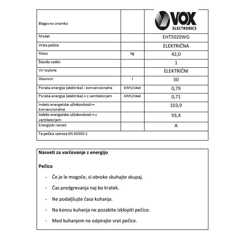 VOX električni štedilnik EHT 6020 WG (4x elektrika)
