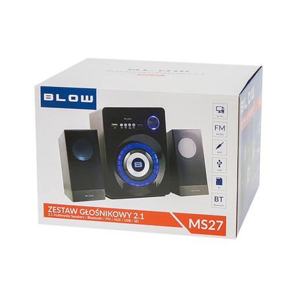 BLOW računalniški zvočniki MS-27, 2.1 Stereo, USB, microSD, Bluetooth, Radio FM, LED osvetlitev, črni