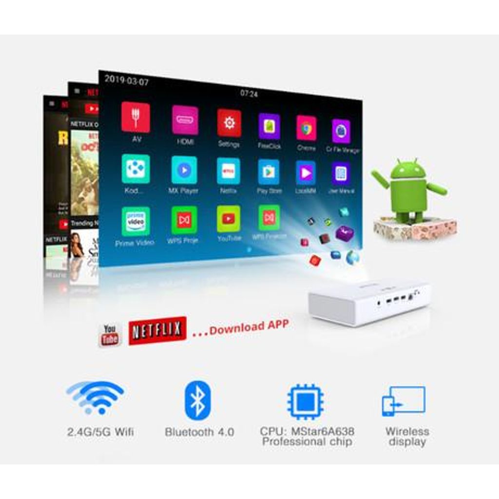 BYINTEK UFO R19 mini prenosni LED DLP projektor, Android, 3D, DLP-Link, Wifi, vgrajen zvočnik, HD 1080P, HDMI-IN