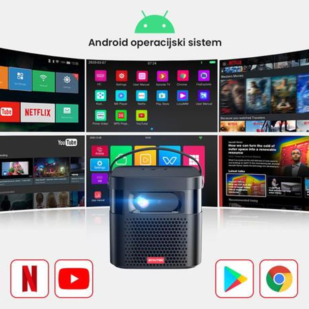 BYINTEK UFO U70 PRO prenosni mini 3D LED DLP projektor, Android, Wifi, BT5.0, 2/32GB, vgrajena baterija, vgrajen 2x zvočnik (10W), HD 1080P Max. 4K, HMDI-IN