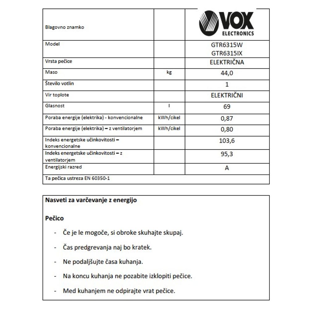 VOX kombinirani štedilnik GTR 6315 W (3x plin, 1x elektrika)