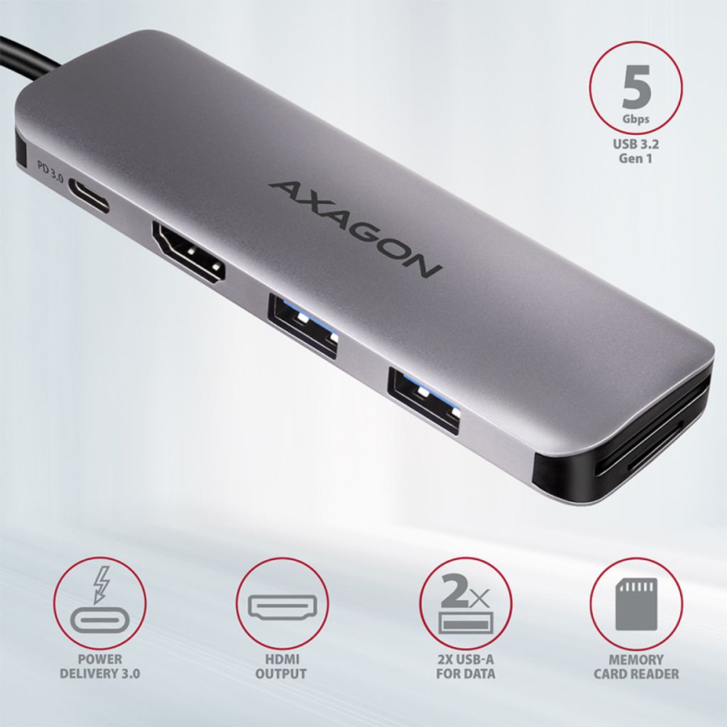 AXAGON razdelilnik Hub 5v1, 2xUSB 3.2+HDMI 20 cm USB-C PD 100W