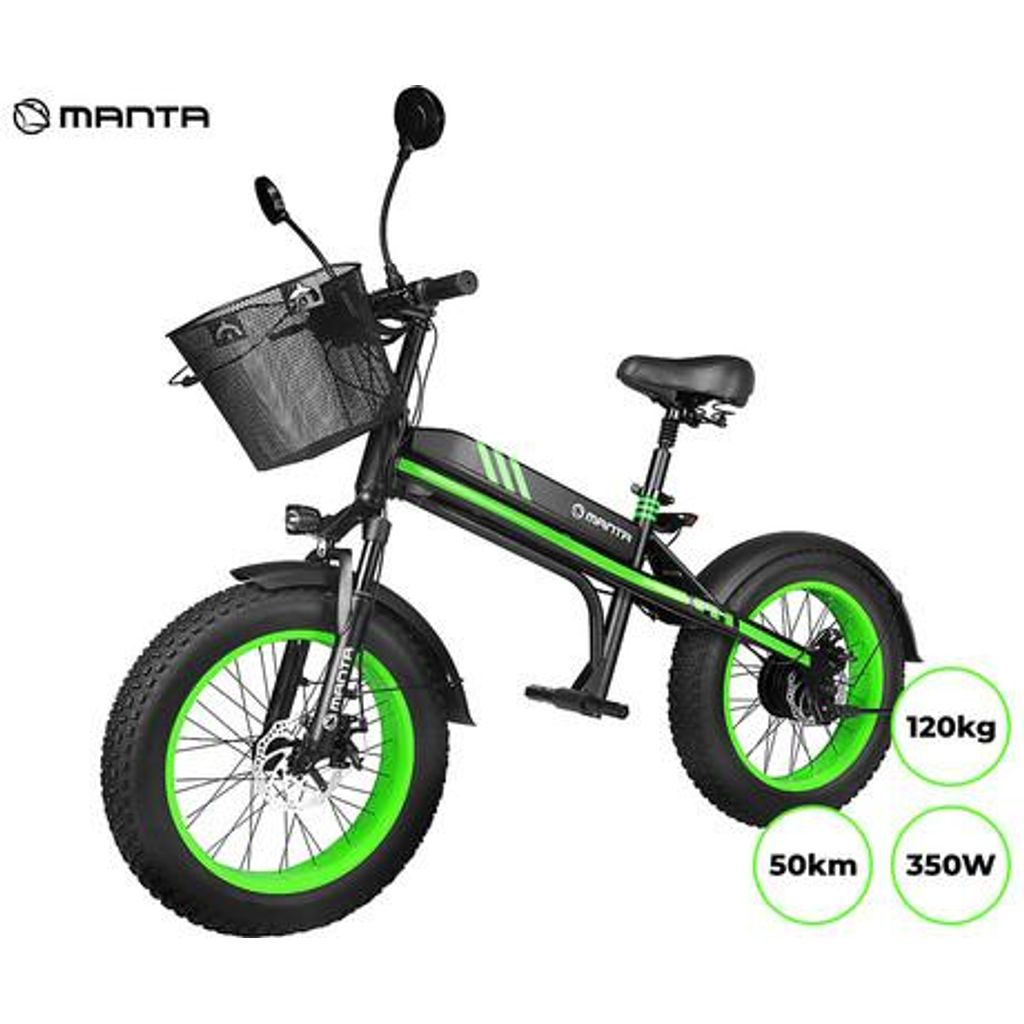 MANTA Električno kolo/skiro  MES2002N Flinstone FAT, 350W motor, 20" pnevmatike, do 20km/h, domet 50km, do 120kg, LED osvetlitev, vzmetenje, črno-zelen