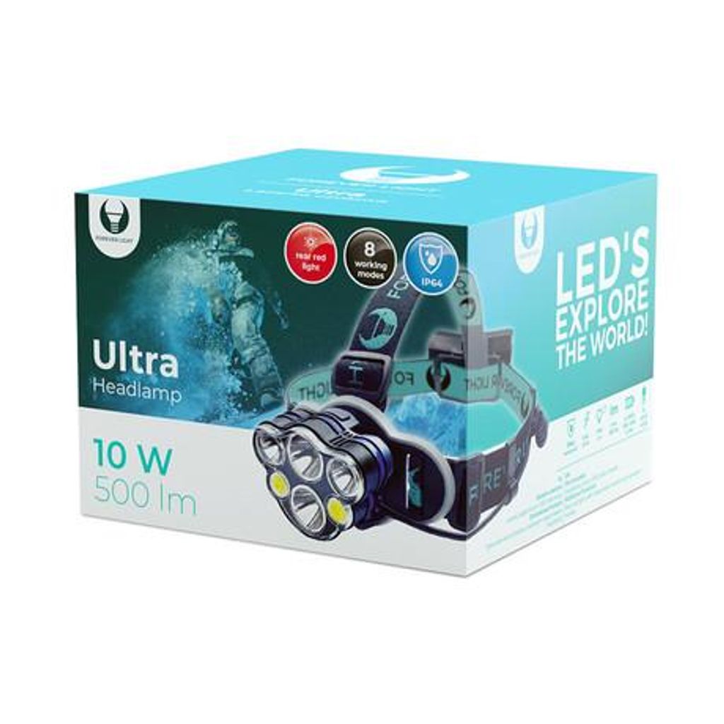 FOREVER ULTRA naglavna LED svetilka, 6W, 500 lumnov, več načinov svetenja, polnilna baterija, upravljanje z gumbi, IP64 vodoodpornost, črna