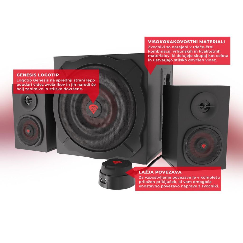 GENESIS Gaming stereo 2.1 zvočniki HELIUM 610BT, Bluetooth + 3.5mm, vrhunski bas in zvok, leseno ohišje, 60W RMS