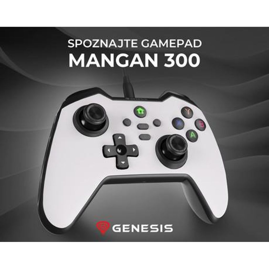 GENESIS MANGAN 300 žični igralni plošček / gamepad, 19 gumbov, vibriranje, LED osvetlitev, Windows / Android / Nintendo / Asus / Steam, USB Type-C, + prednja plošča, + torbica, bel (Howlite White)