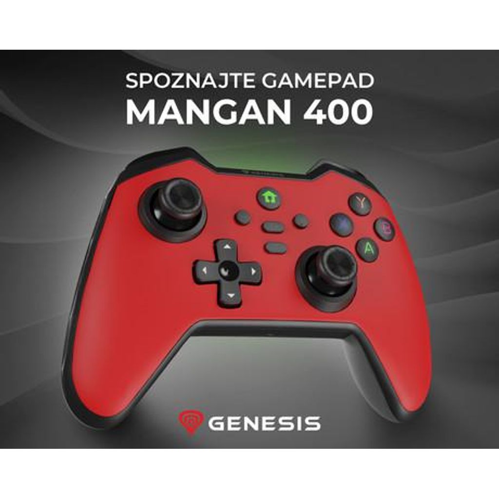 GENESIS MANGAN 400 brezžični igralni plošček / gamepad, 19 gumbov, vibriranje, Bluetooth, LED, Windows / Android / iOS / Nintendo, baterija, + prednja plošča, + torbica, rdeč (Genesis Red)