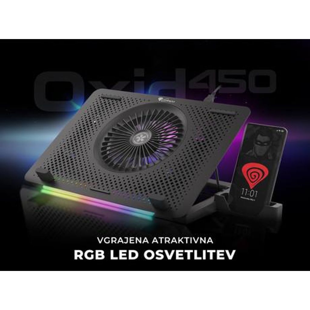 GENESIS OXID 450, hladilno stojalo / podstavek za prenosnike, do 15.6'', nastavljiv kot, RGB LED osvetlitev