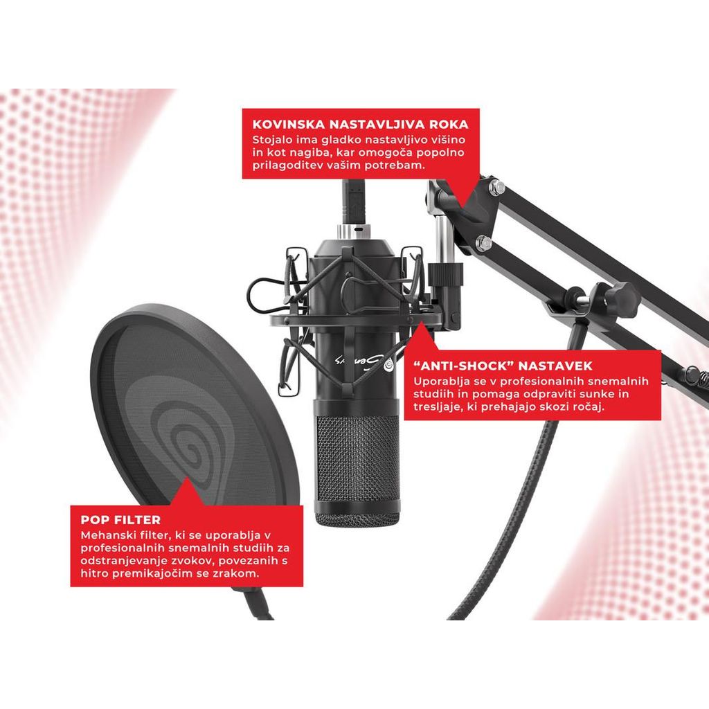 GENESIS Radium 400, profesionalni namizni mikrofon, za GAMING, STREAMING ali SPLETNO komunikacijo, popolnoma nastavljiv , USB, kabel 2.5m