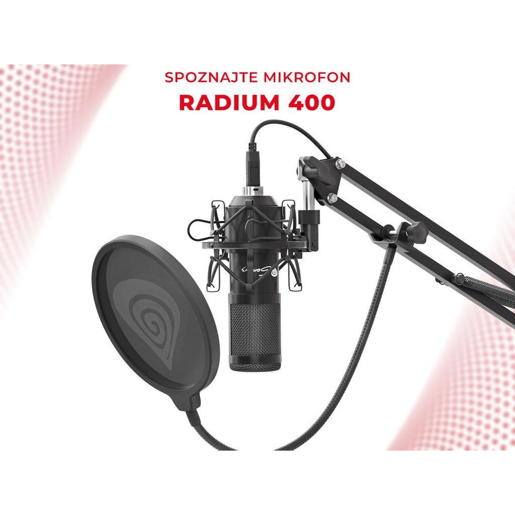 GENESIS Radium 400, profesionalni namizni mikrofon, za GAMING, STREAMING ali SPLETNO komunikacijo, popolnoma nastavljiv , USB, kabel 2.5m