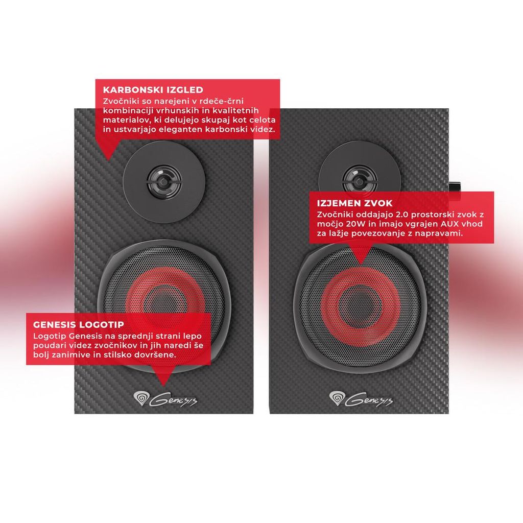 GENESIS Stereo 2.0 zvočniki HELIUM 200, 3.5mm, odličen bas in zvok, 20W (2x10W) RMS